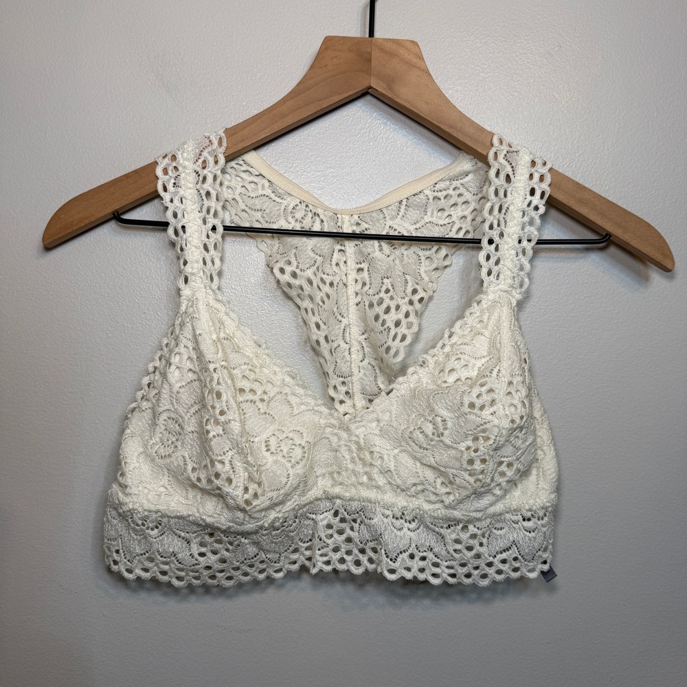 Aerie Boho Bralette Cream Lace Racerback Crochet Wireless Bra Size Large